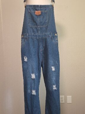 Women's Distressed Denim Overalls - Blue- Size L